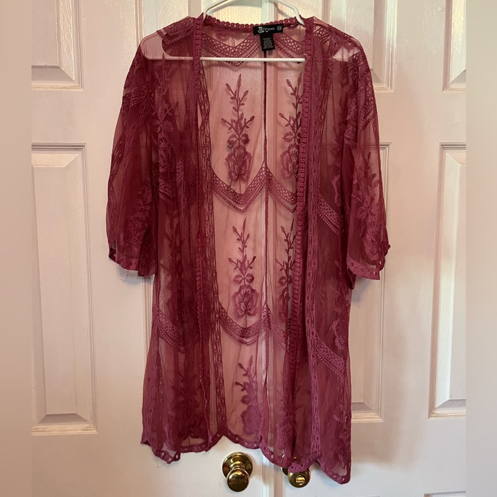 Miss Chievous Sheer Lace Kimono in Burgundy